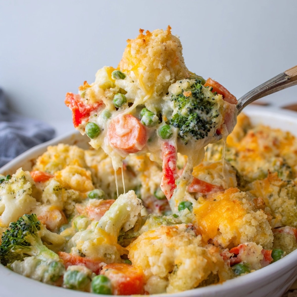 Golden, bubbly Cheesy Vegetable Casserole with tender vegetables, perfect comfort food for a cozy night.