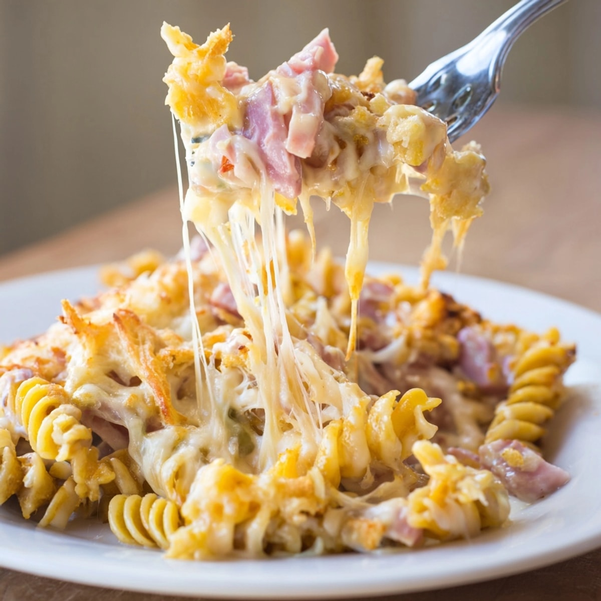 Golden bubbly Stringy Ham Casserole, fresh from the oven, ready for weeknight dinner.