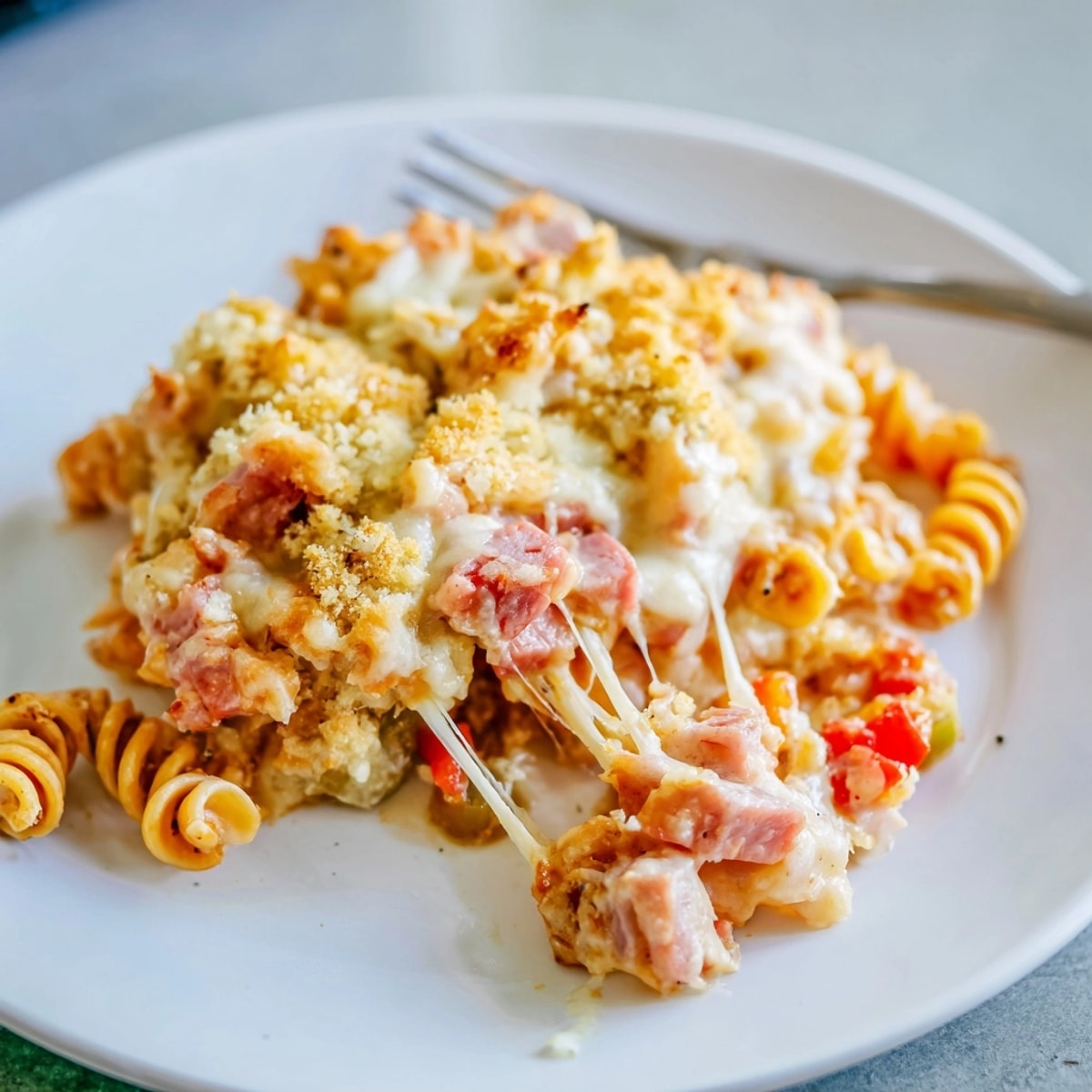 Homemade Stringy Ham Casserole baking dish view, melted cheese and crunchy breadcrumbs.