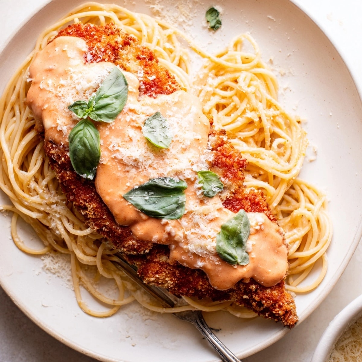 Golden Chicken Parmesan with Vodka Sauce bubbling on a baking sheet, ready to serve.