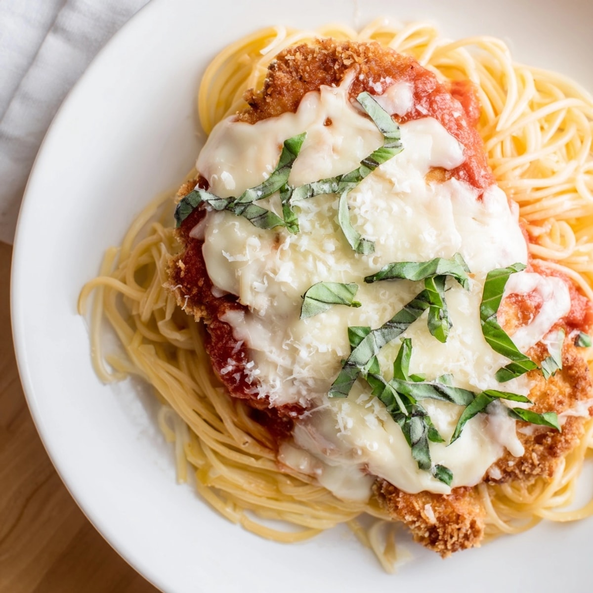 Close-up shot of creamy, cheesy Chicken Parmesan with Vodka Sauce, garnished with fresh basil.