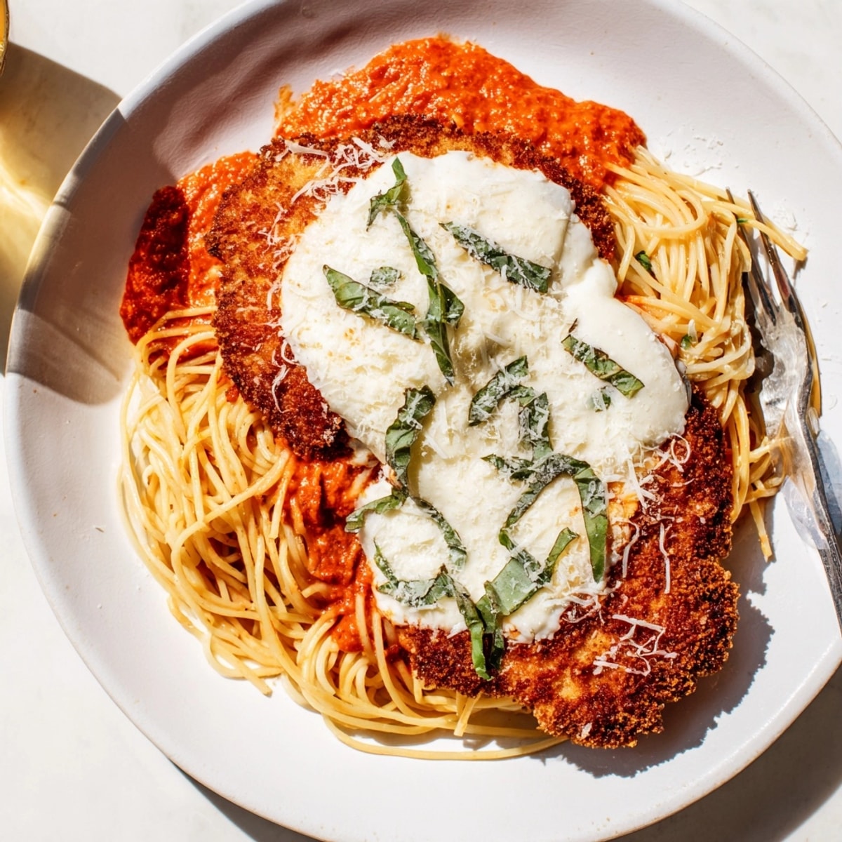 Homemade Chicken Parmesan with Vodka Sauce over pasta, a comforting and savory Italian-American meal.