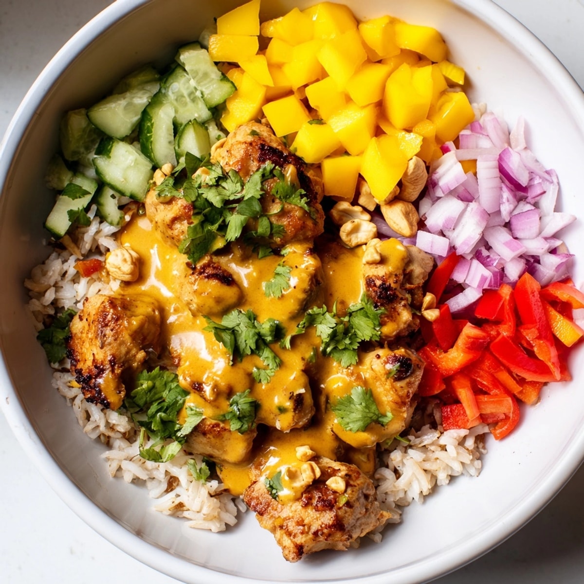 Close-up of Mango Masala Chicken Tidy Bowls: Vibrant colors and textures inviting a taste.