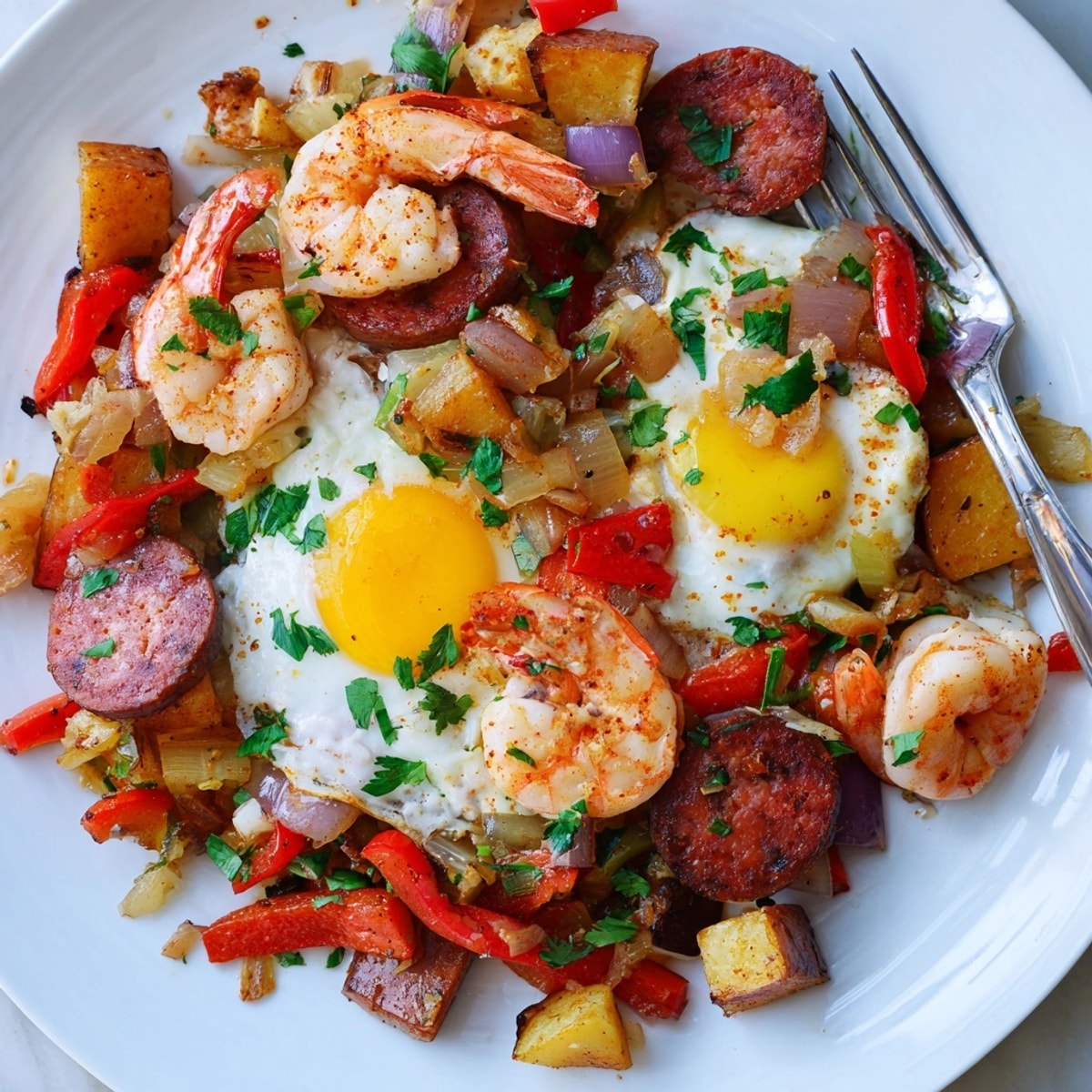 Savory Shrimp Chorizo Breakfast Skillet, cooked in cast iron, ready to serve hot.