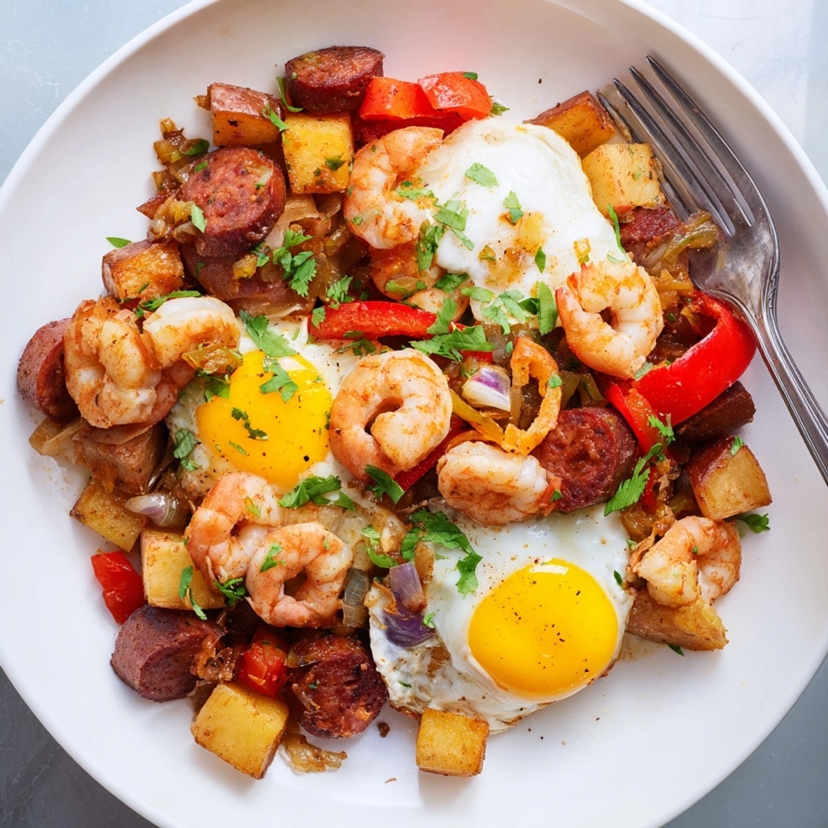 Golden potato, egg, and chorizo star in this Shrimp Chorizo Breakfast Skillet dish.