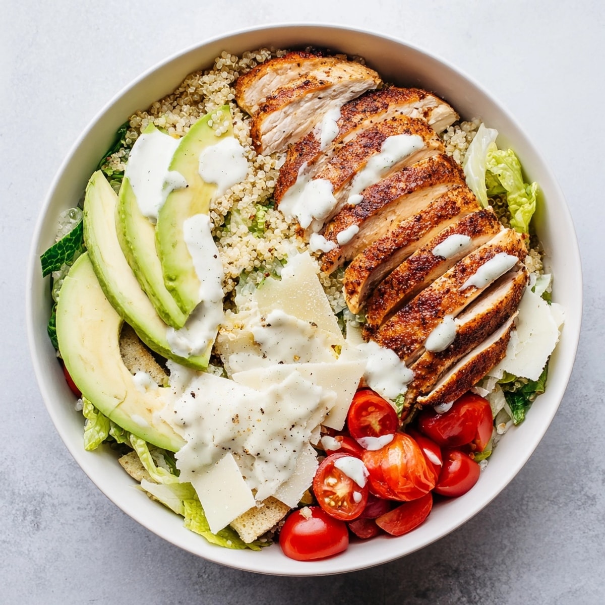 Step-by-step, photo instruction: Grilled chicken topping an Avocado Chicken Caesar Grain Bowl assembly.