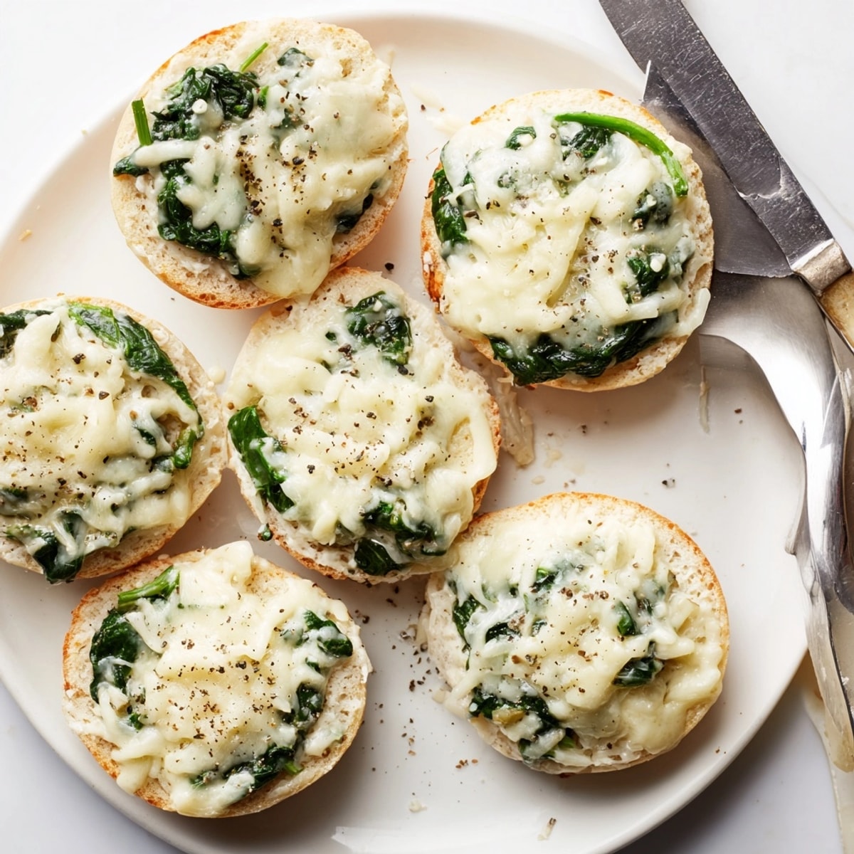 Enjoy savory Alfredo Spinach Pizza Bagel Bites; easy snack with fresh spinach flavor.