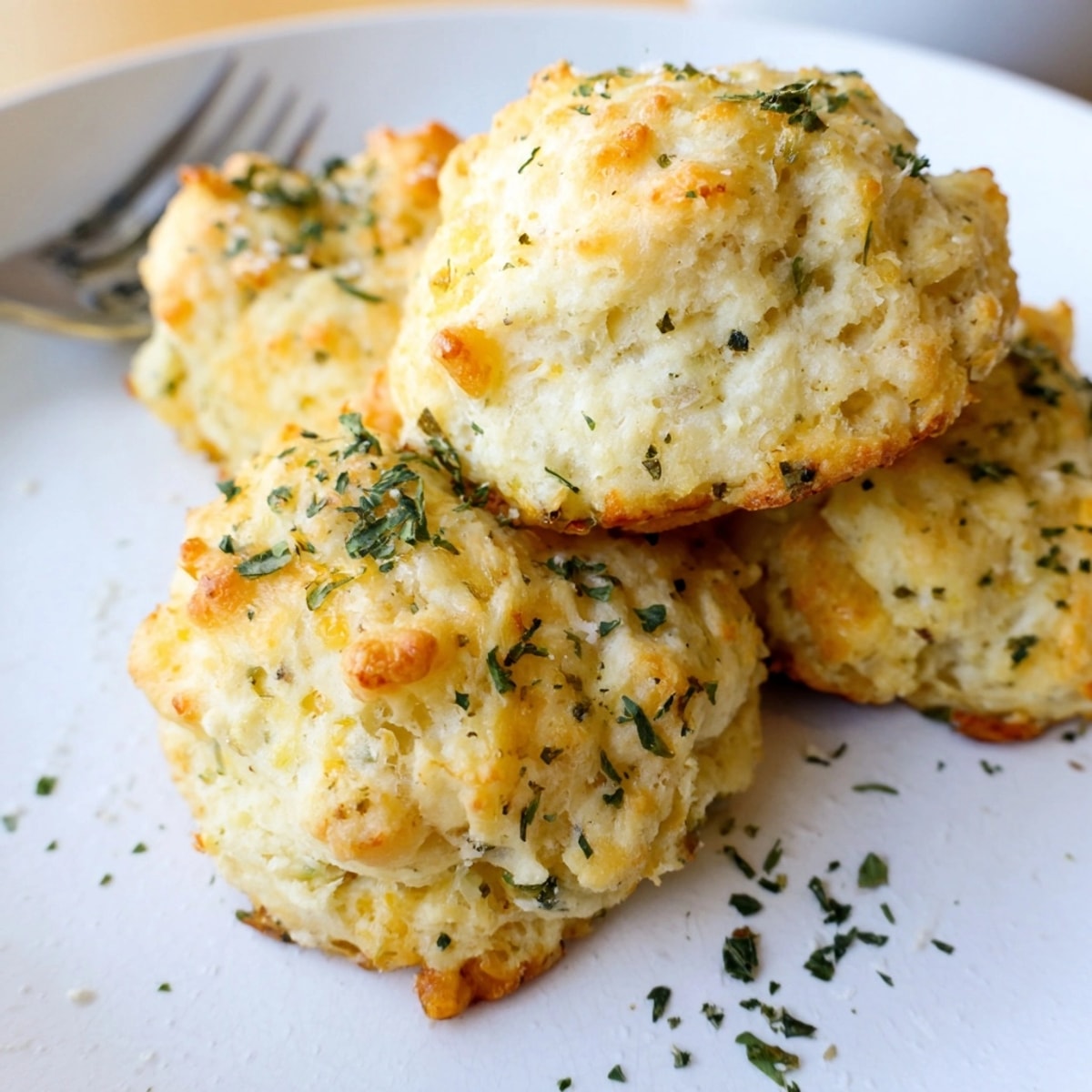 Golden, flaky Cheesy Garlic Biscuits with Ricotta, fresh from the oven, sprinkled with parsley.
