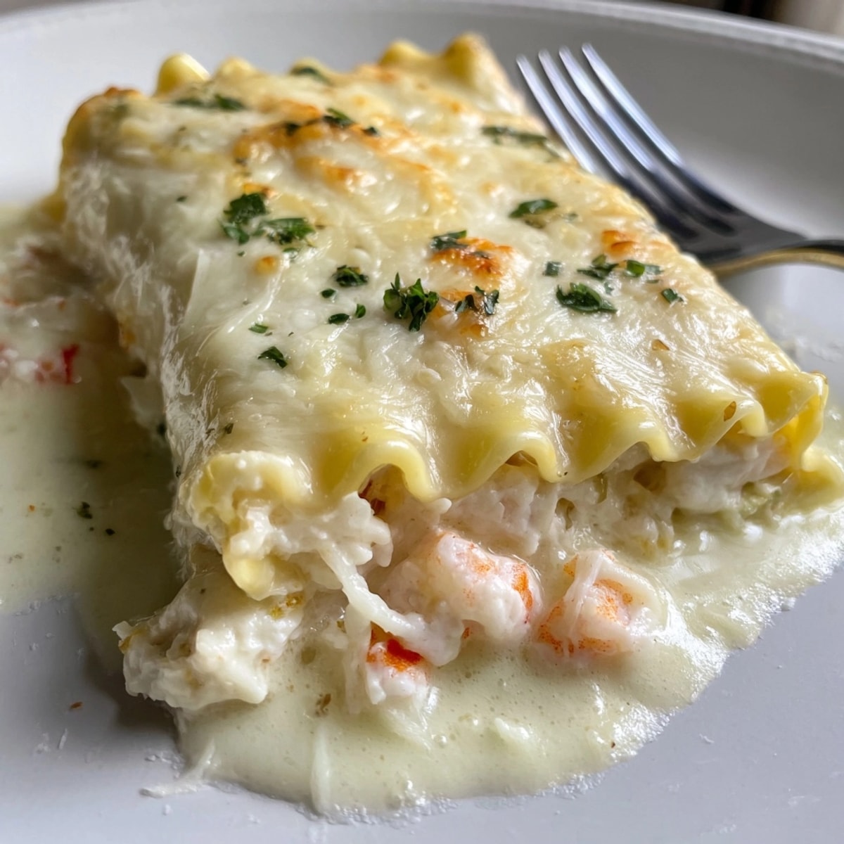Golden Shrimp Alfredo Lasagna Rolls bubbling from the oven, ready for a comforting family dinner.