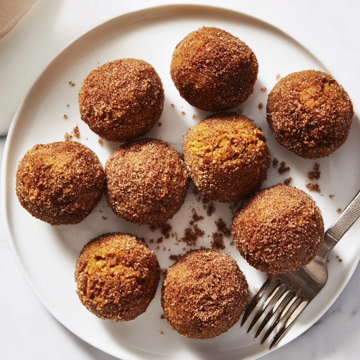 Delicious bite-size pumpkin muffin balls dusted with cinnamon sugar for a cozy snack.  