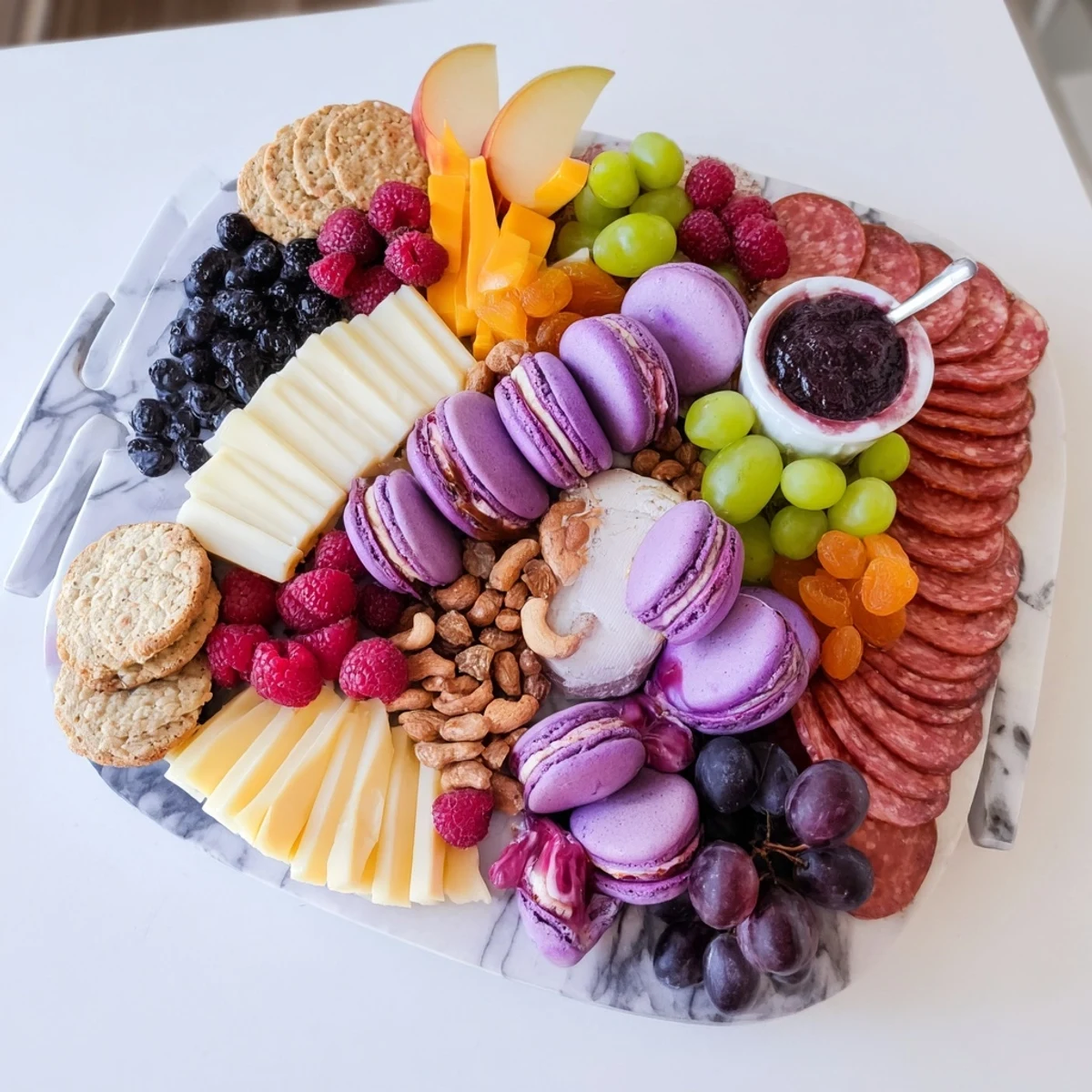 A vibrant charcuterie board featuring cured meats, cheeses, and ube macarons.  