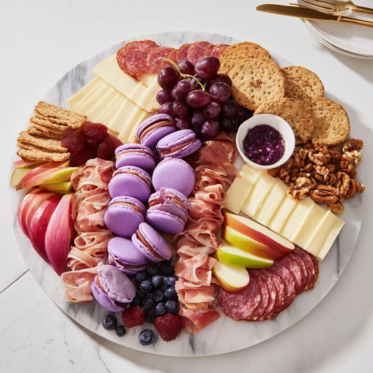 Elegant charcuterie board spread, showcasing meats, cheeses, fruits, and colorful ube macarons.