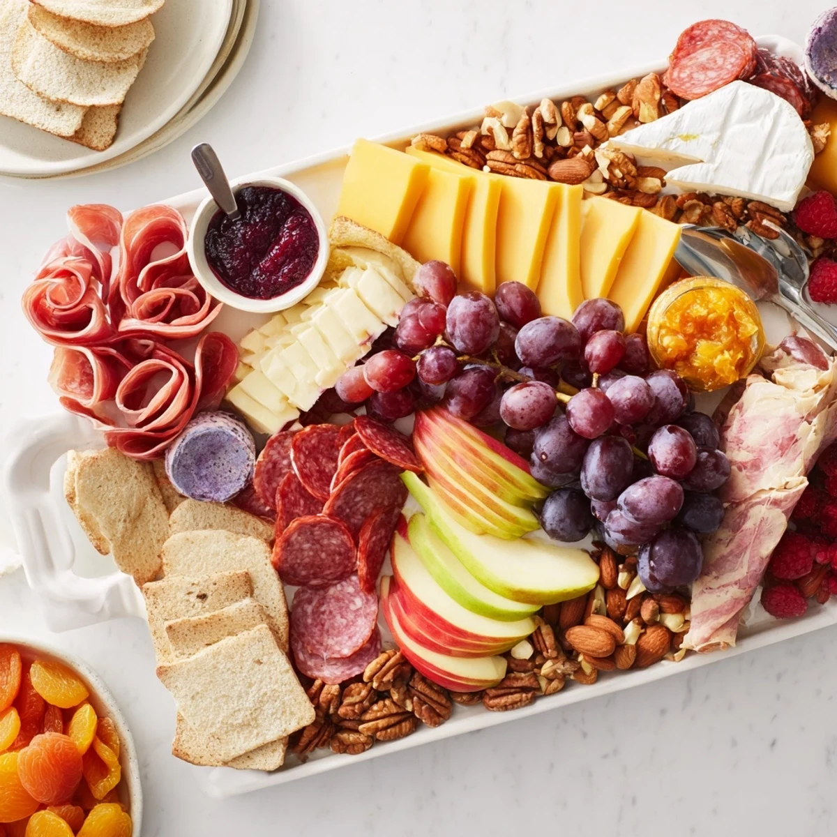 Elegant charcuterie board featuring cured meats, vibrant cheeses, and delightful ube macarons.