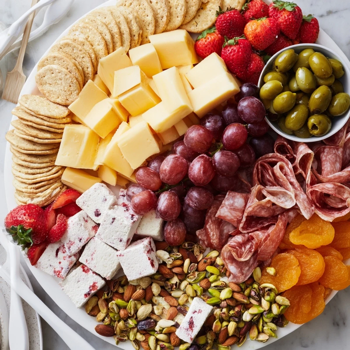 Savor the festive charcuterie board featuring cranberry marshmallows, fruits, and gourmet cheeses.  