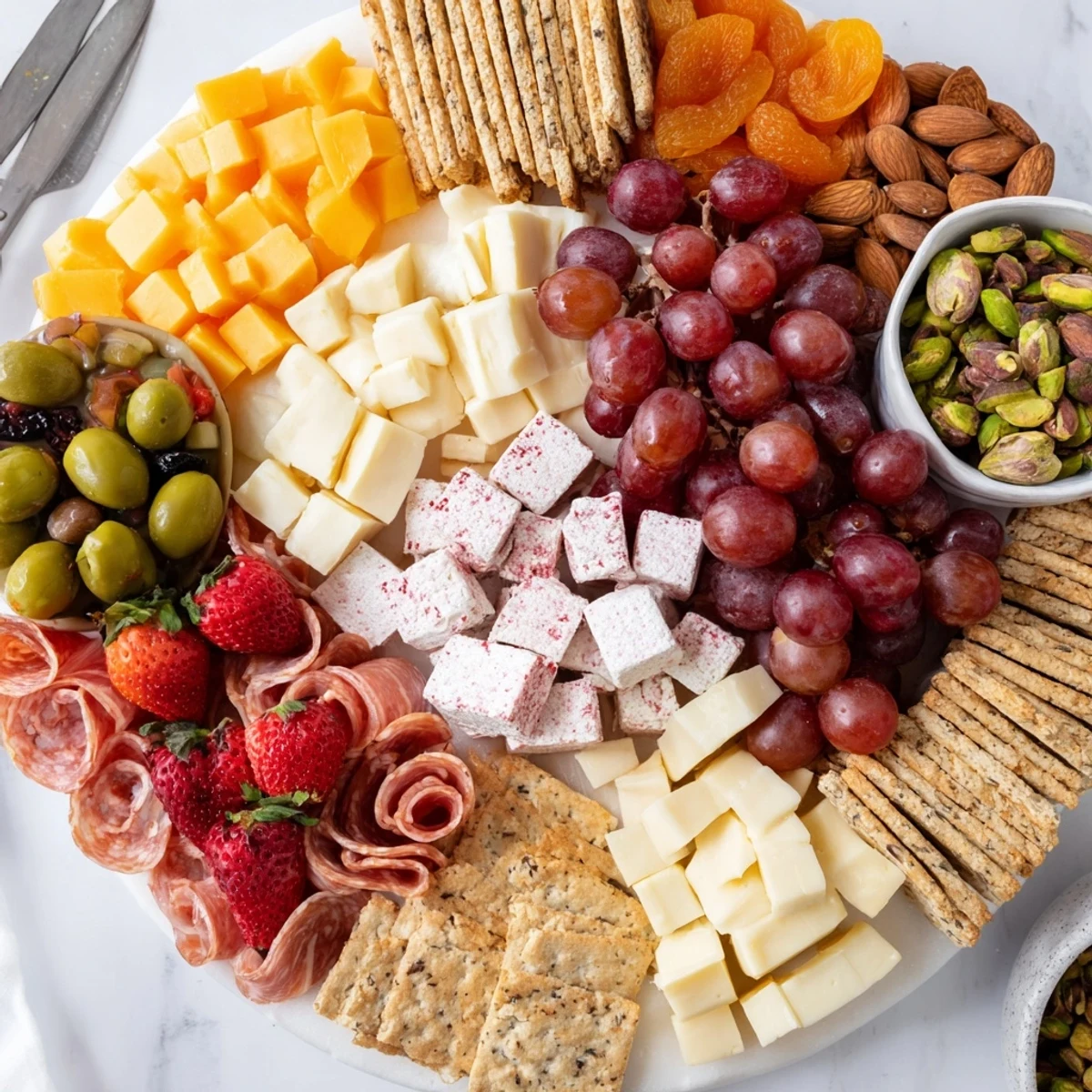 Elegant charcuterie board displaying homemade cranberry marshmallows alongside fresh fruits and nuts.