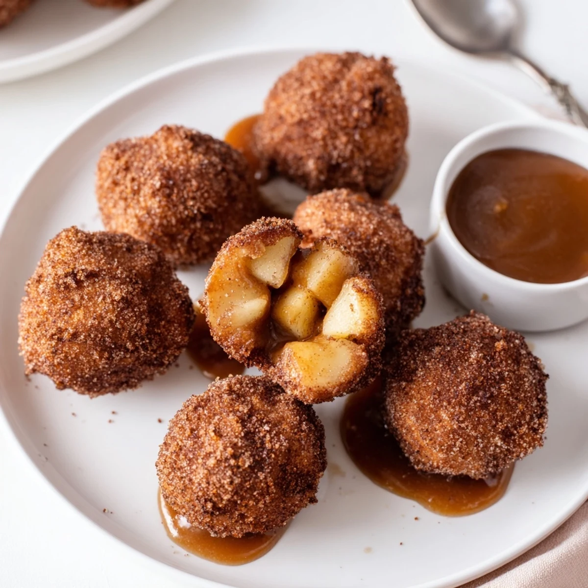 Crispy caramel apple churro balls dusted in cinnamon sugar, perfect for a sweet treat.  