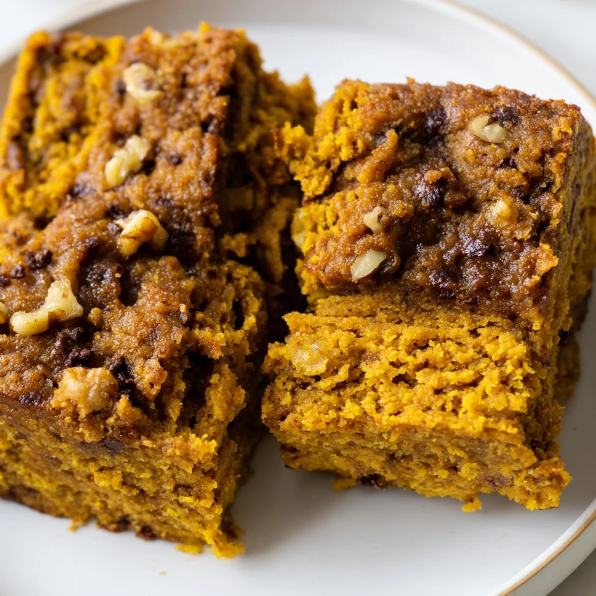 Moist pumpkin muffin banana bread bars with warm spices in a baking dish.  