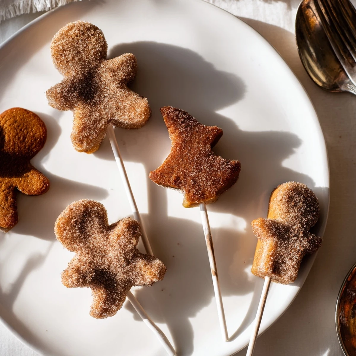 Festive cinnamon sugar gingerbread cookie pops adorned with warm spices and sweetness.  