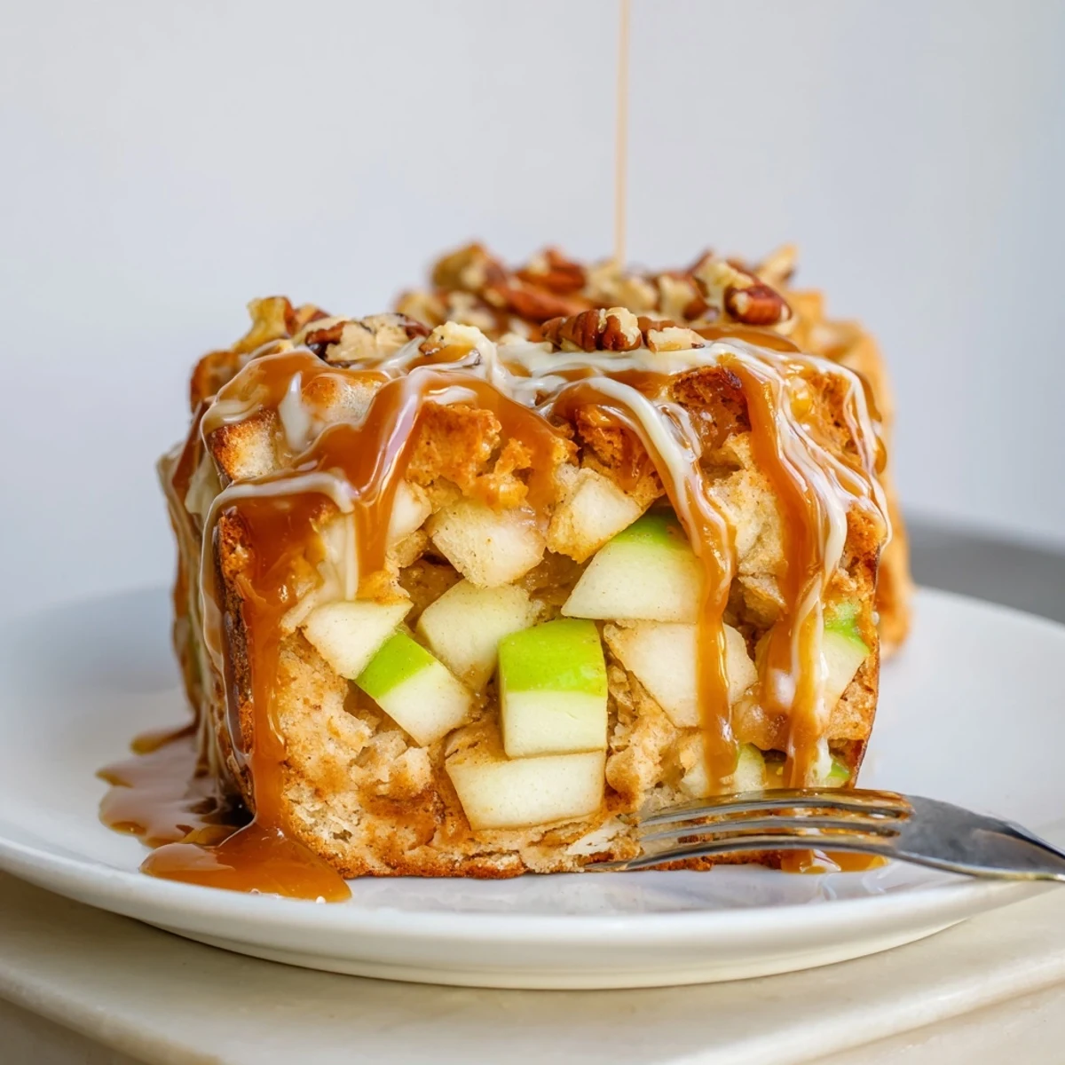 Golden Caramel Apple Cheddar Cookie Loaf drizzled with warm caramel, perfect for dessert.  
