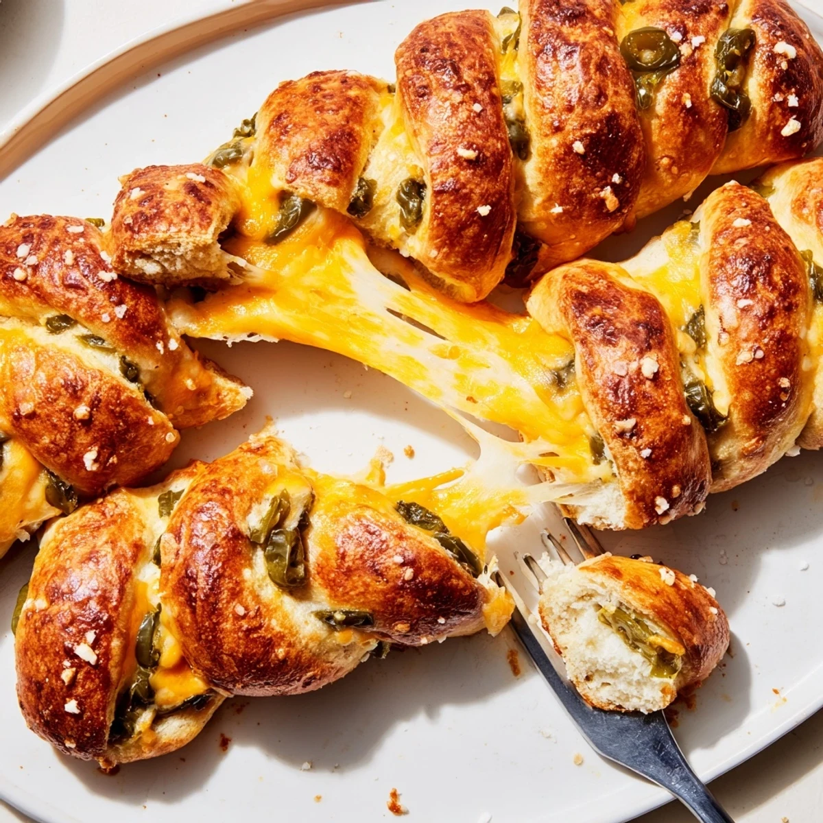 Gooey cheese-filled Cheesy Jalapeño Pretzel Cake Sticks, a savory snack for gatherings.  