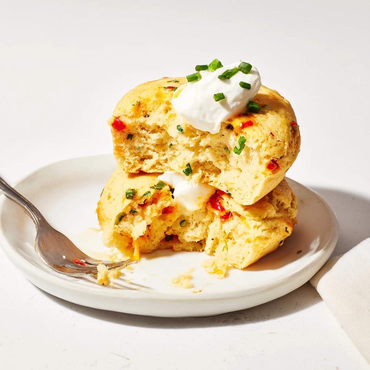 Fluffy chili garlic soda muffin pancakes served warm with a dollop of sour cream.  