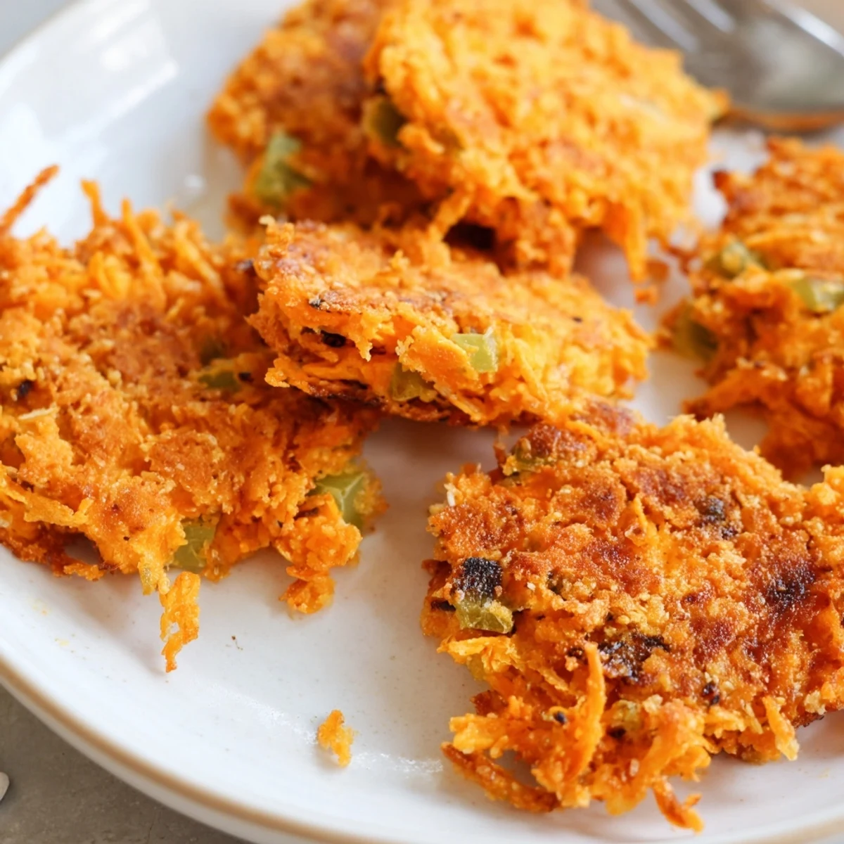 Deliciously crispy Buffalo Chicken Pickle Soda Fork Cakes garnished with fresh scallions.  