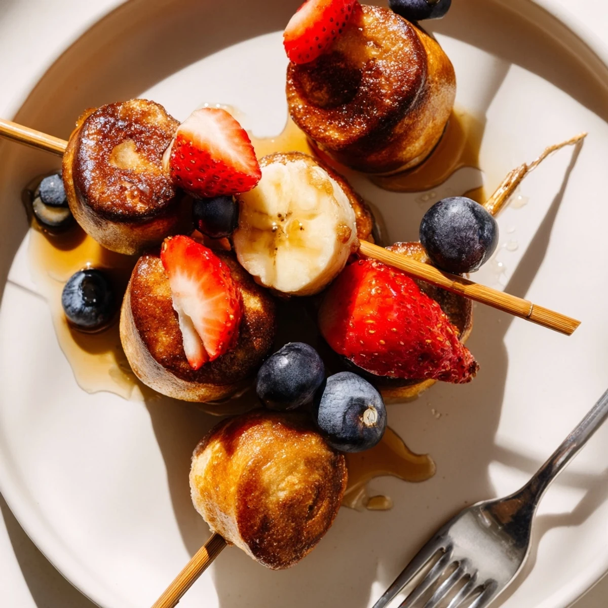 Fluffy Maple Bourbon Pancake Muffin Skewers drizzled with syrup and fresh fruit.  