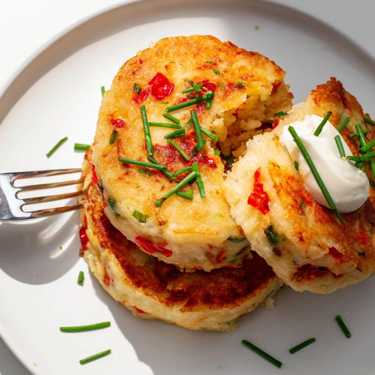 Fluffy chili garlic soda muffin pancakes, perfect for a savory brunch treat.  