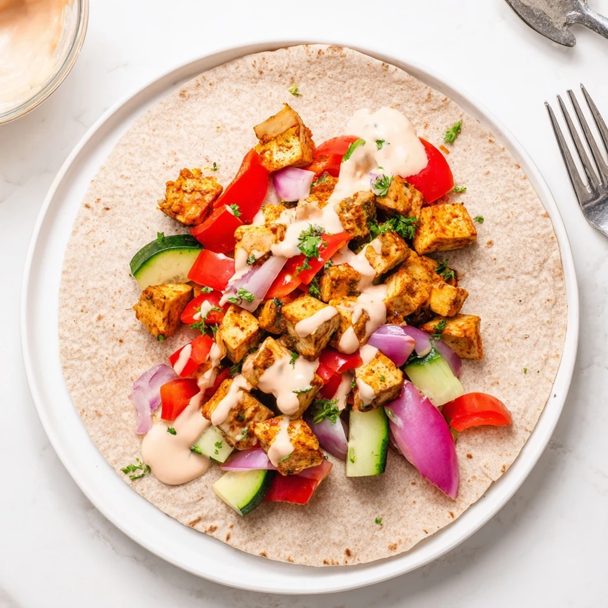 Vibrant vegan viral recipe remake with marinated tofu and roasted veggies.