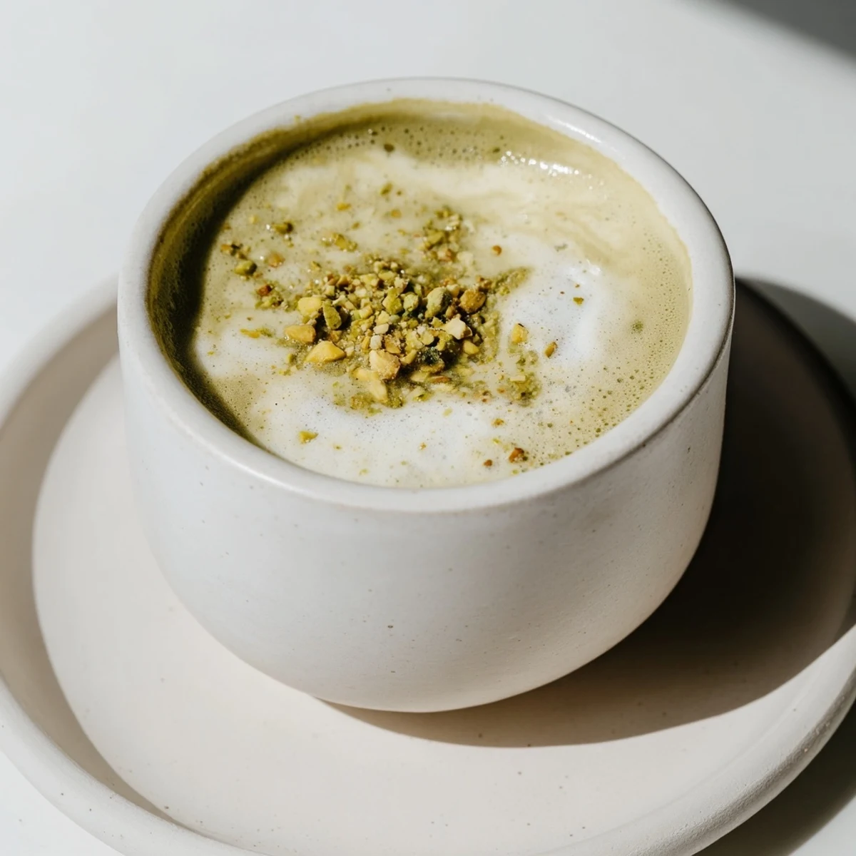 Homemade pistachio milk latte served steaming, delightfully aromatic and nutty.  