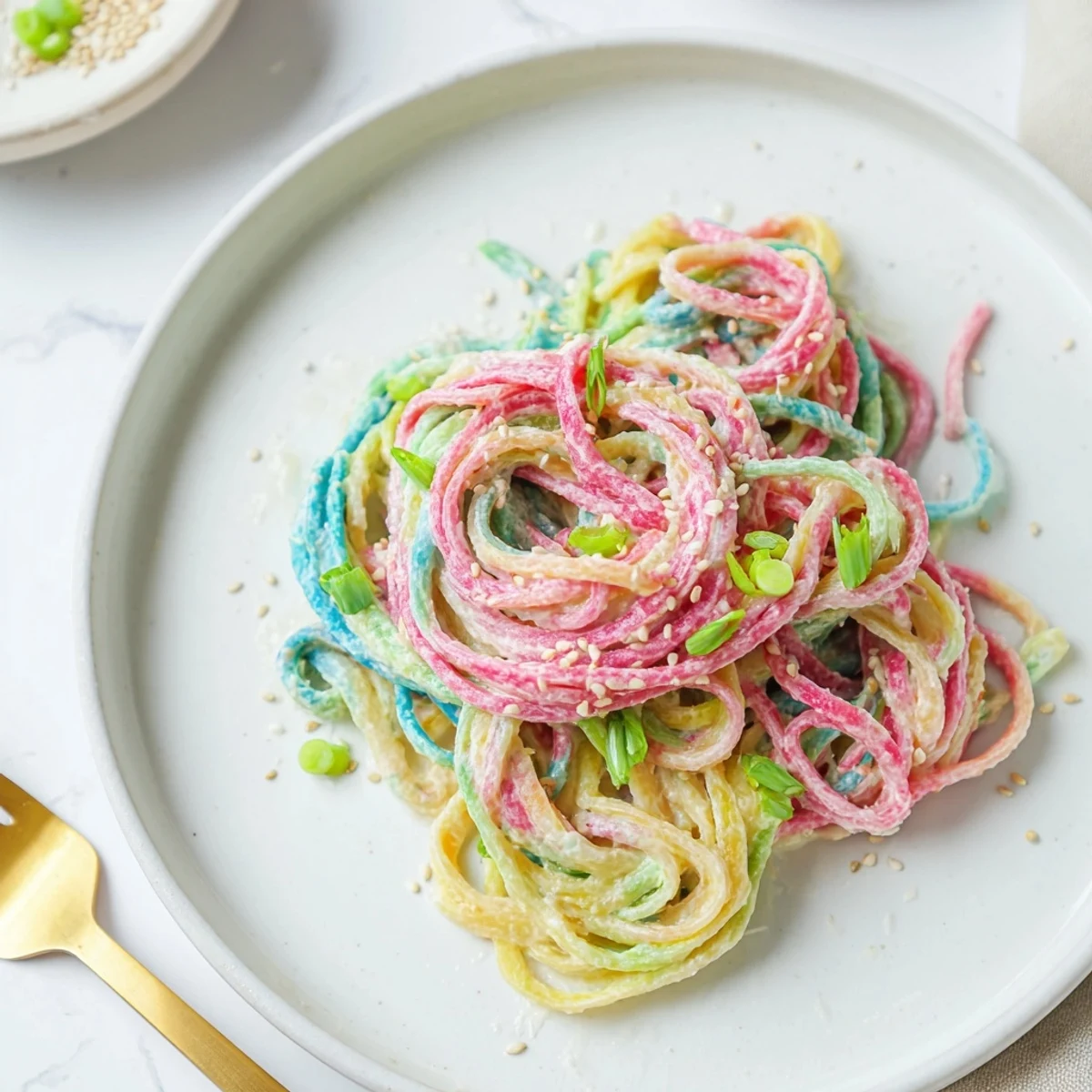 Vibrant Neon Noodle Cloud dish served in a creamy, soft sauce, garnished beautifully.  