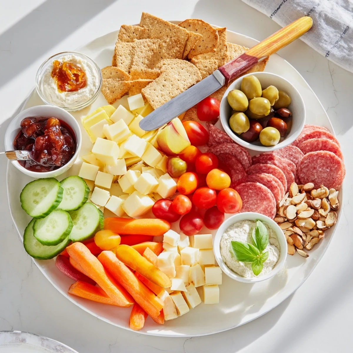 A colorful Girl Dinner Platter filled with cheeses, fruits, and tasty dips.  