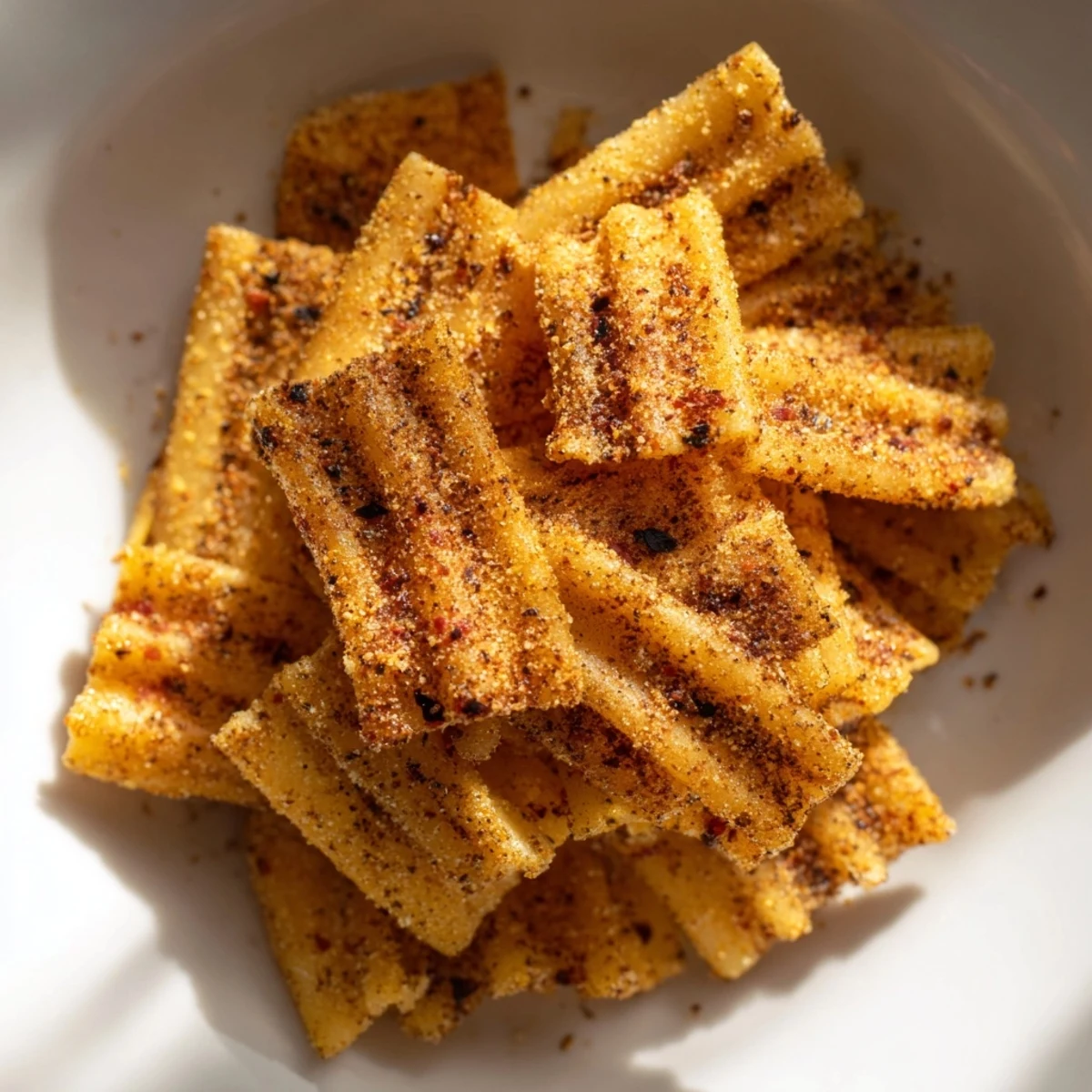 Crispy pasta chips seasoned with garlic, perfect for delightful snacking or dipping.