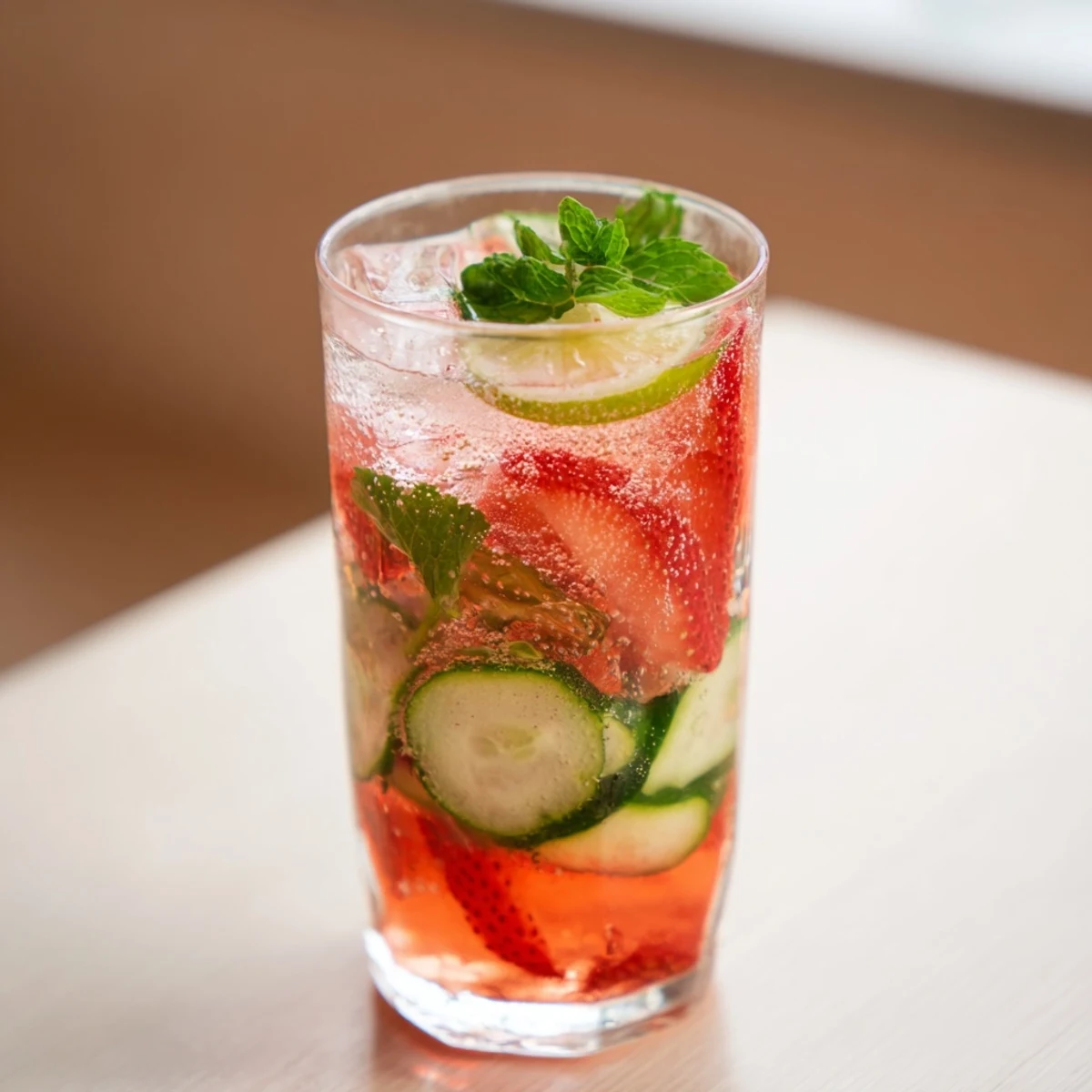 A vibrant pitcher of water-based mocktails infused with fresh strawberries and lime.  