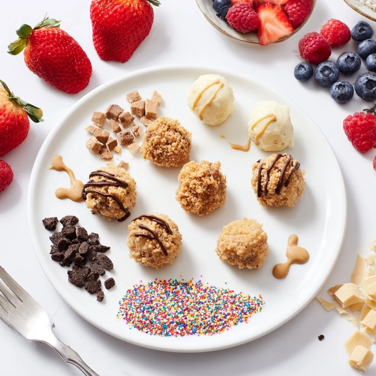 Delicious cheesecake bites paired with fresh fruits and decadent sauces for customization.