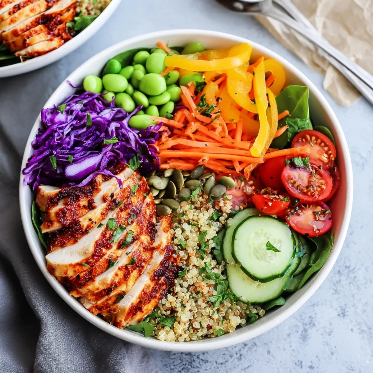Delicious healthy meal-prep bowls with vibrant layers of fresh vegetables and grains.  