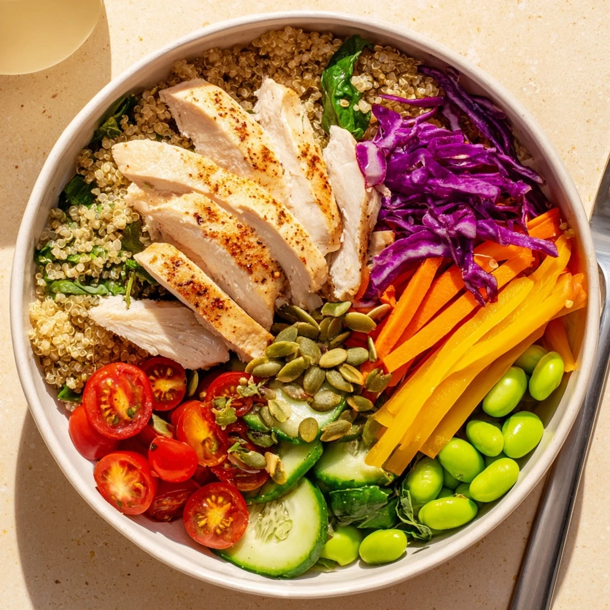 Colorful healthy meal-prep bowls showcasing grilled chicken and zesty homemade dressing.  