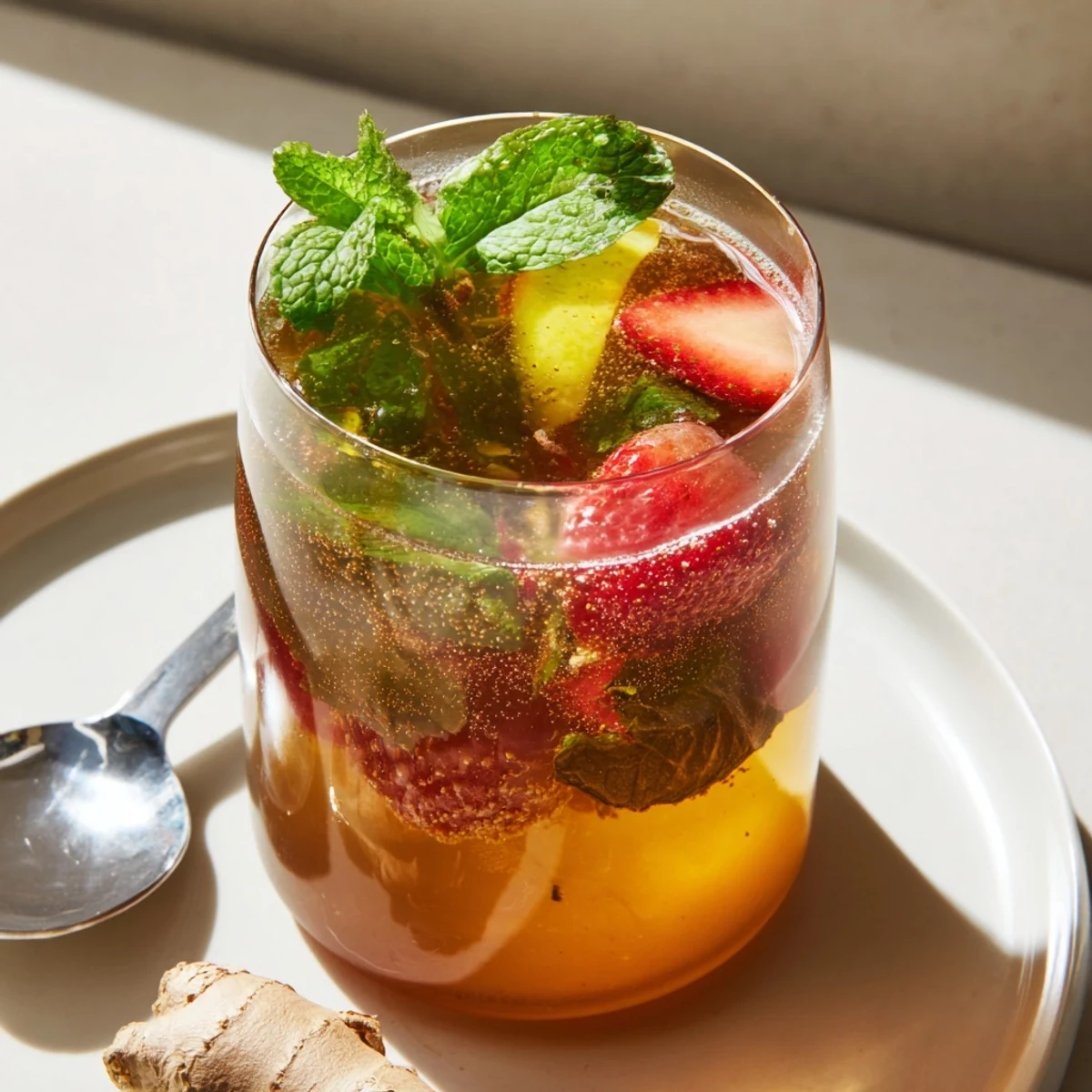 Refreshing kombucha-style home-brew mocktails served over ice with vibrant fruit garnish.  