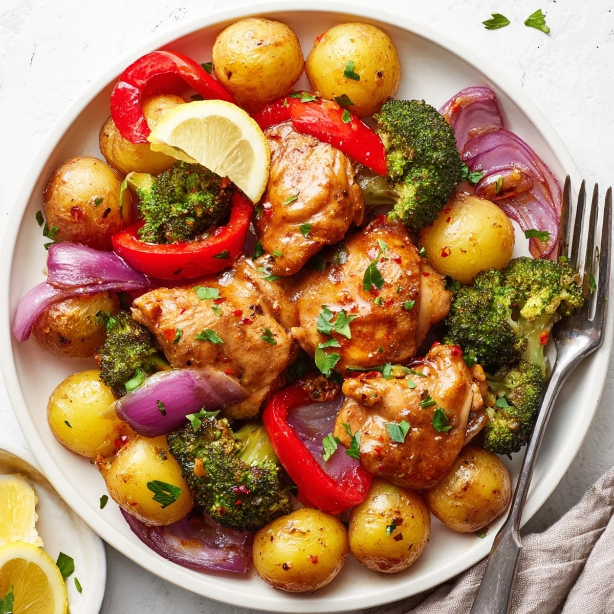 Tender Lazy Gourmet Chicken & Vegetable One-Pot, colorful veggies nestled amidst juicy chicken thighs.  