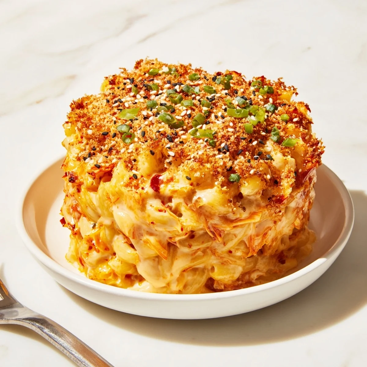 Creamy Spicy Kimchi Mac & Cheese topped with crunchy panko and sesame seeds.  