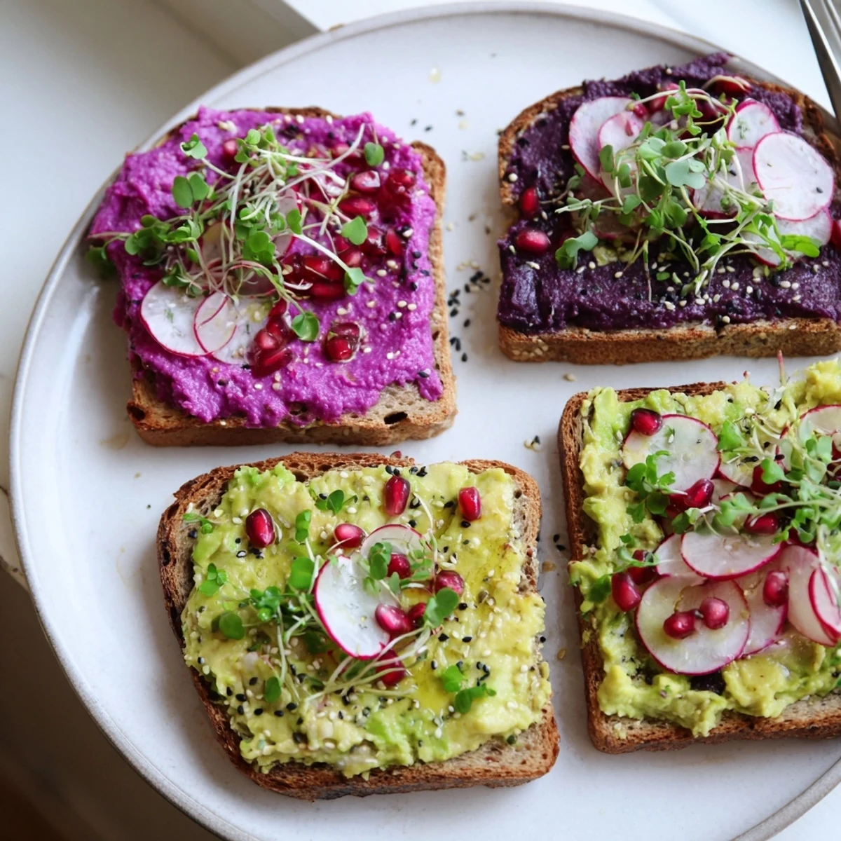 Vibrant Bright & Bold Breakfast Toasts topped with ube and fresh avocado slices.  