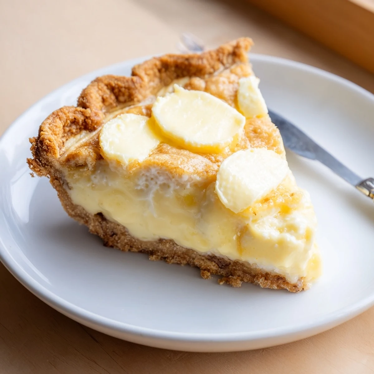 Creamy water pie in a golden crust, evoking comforting Depression-era nostalgia.  