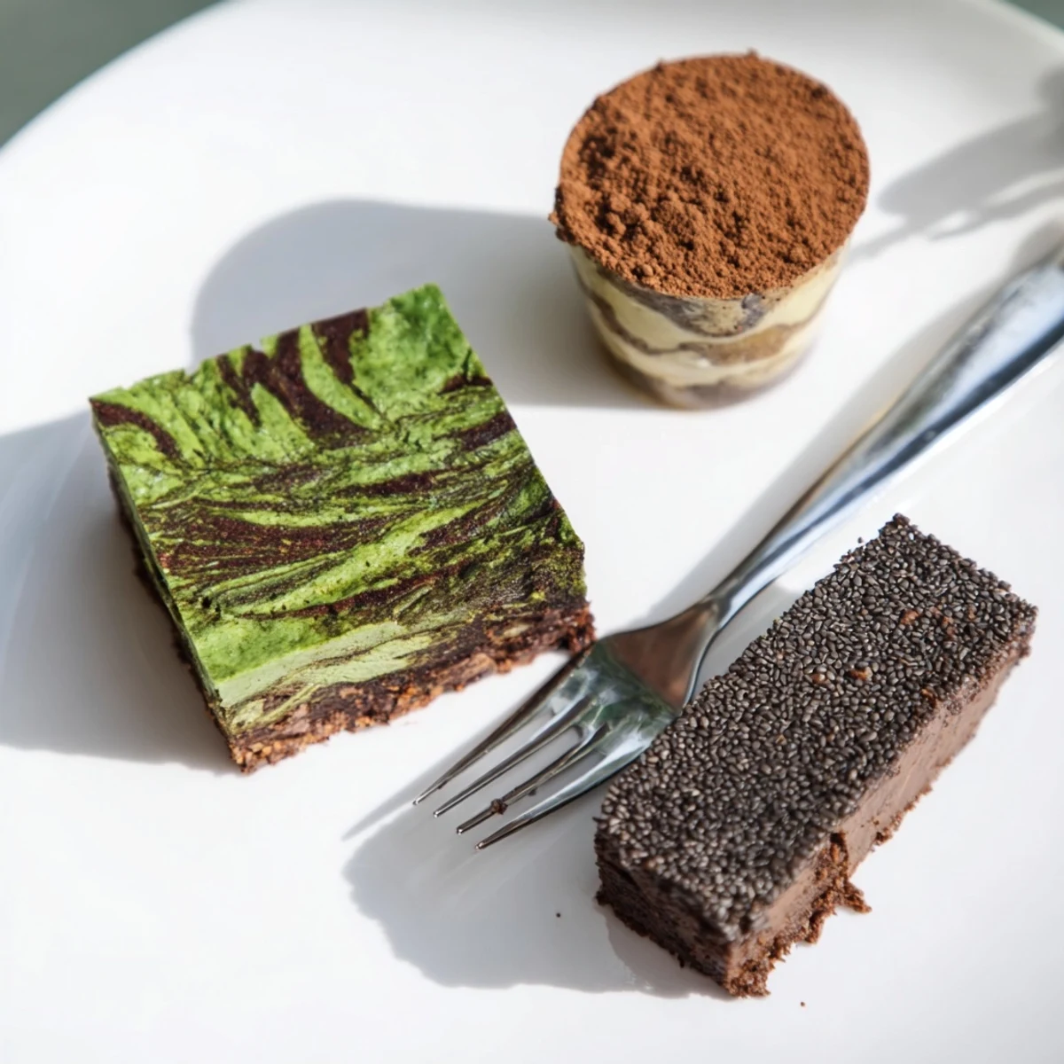 Decadent matcha-miso brownies topped with a rich chocolate glaze, perfect dessert indulgence.  