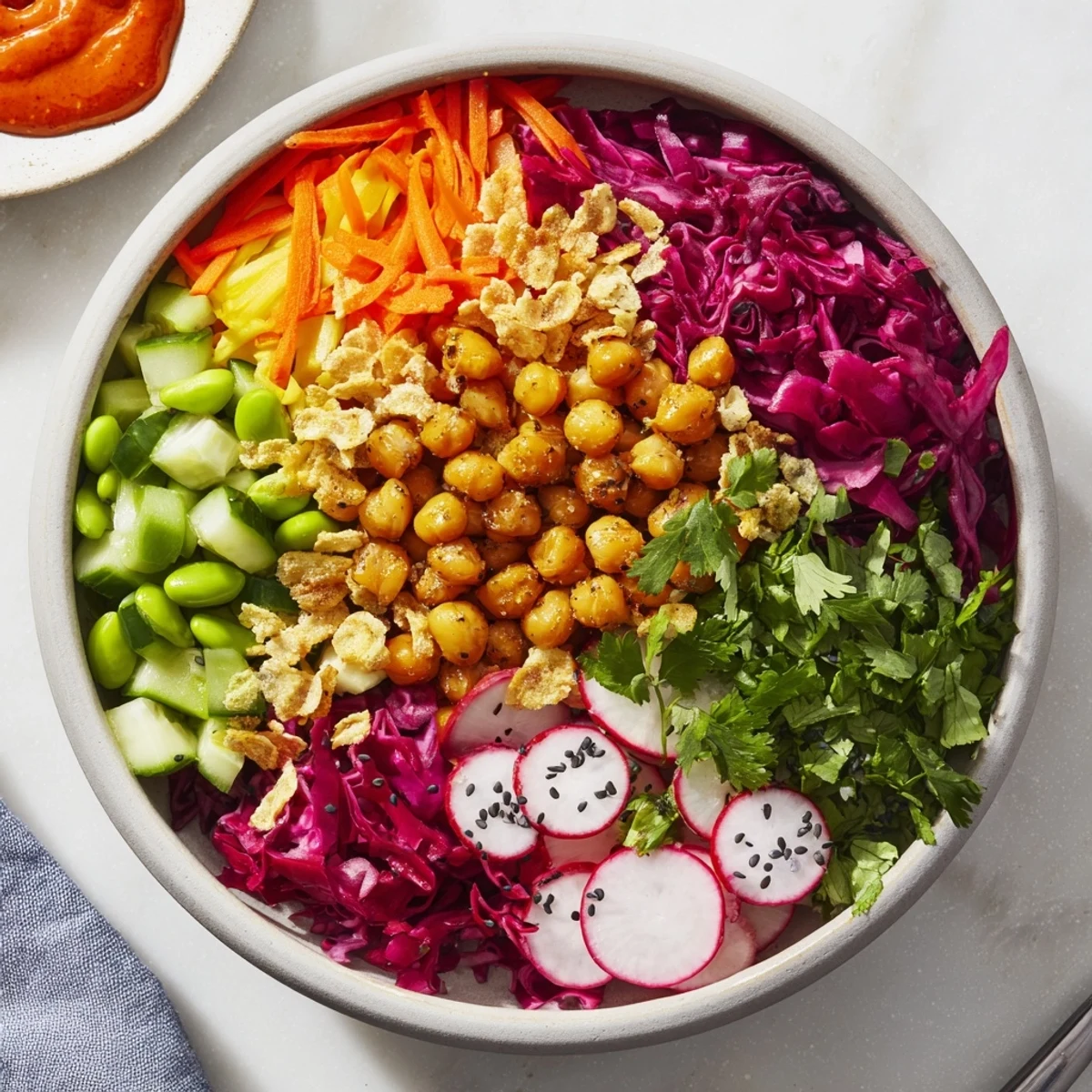 Vibrant ASMR Crunch Snack Bowls filled with colorful veggies and crunchy toppings.  