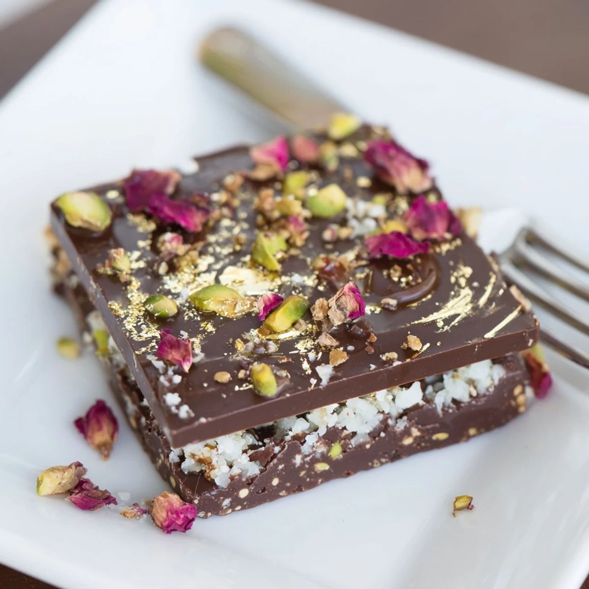 Fusion dessert featuring rich chocolate, caramel, and crunchy pistachio layers.  