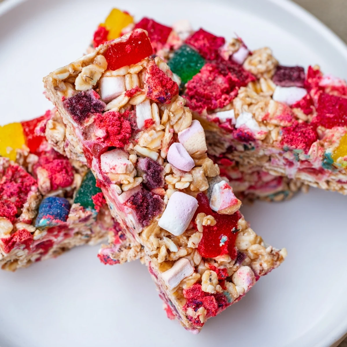 Colorful DIY snack bars topped with chewy homemade gummies and freeze-dried candy.
