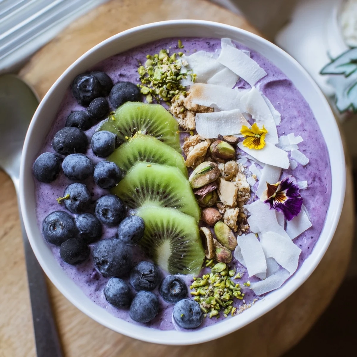 A vibrant smoothie bowl, featuring purple yam and fresh fruits, ready to enjoy.  