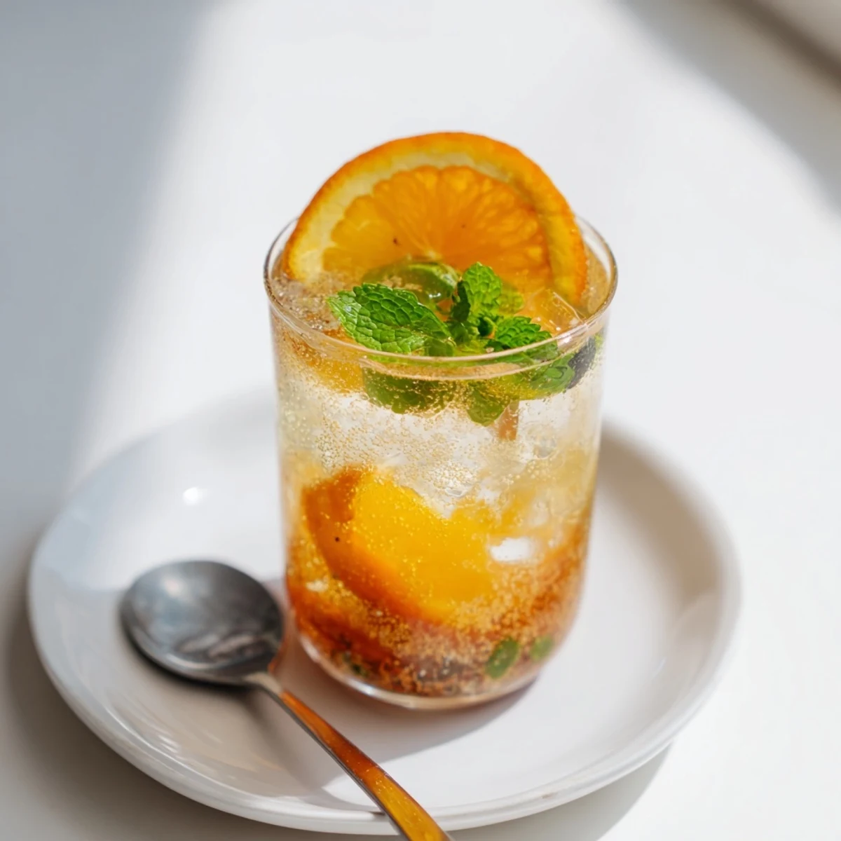 Refreshing probiotic soda mocktail with fresh citrus and mint, served over ice.  