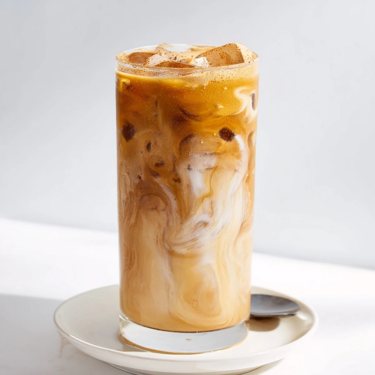 Creamy Tahini Iced Coffee with maple syrup served over ice in a tall glass.  