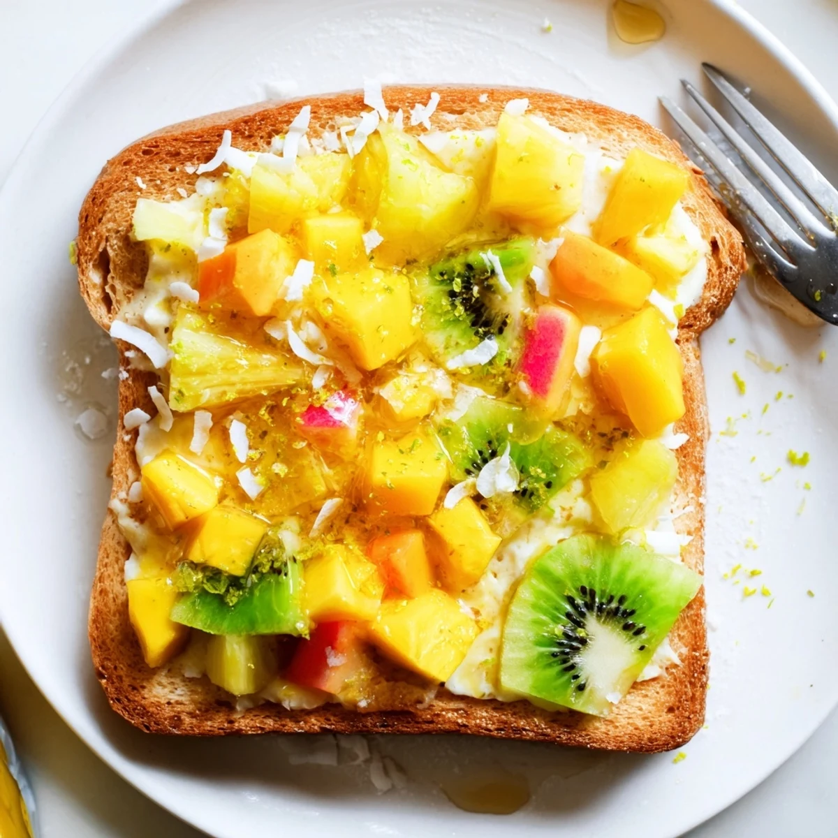 Creamy Yogurt-Custard Toast 2.0 topped with vibrant tropical fruits, perfect for brunch.  